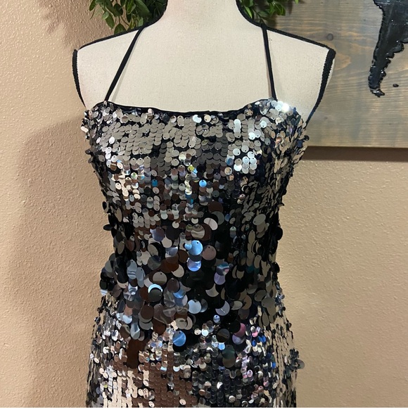 NWOT Lulus Superior Shine Silver Sequin Lace-Up Midi Bodycon Dress - Picture 3 of 11